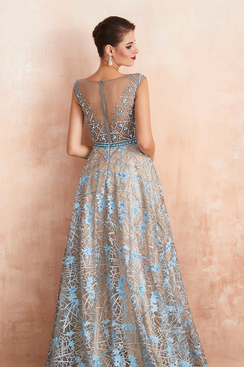 Long Jewel Lace A-line Tulle Lace Formal Evening Dress