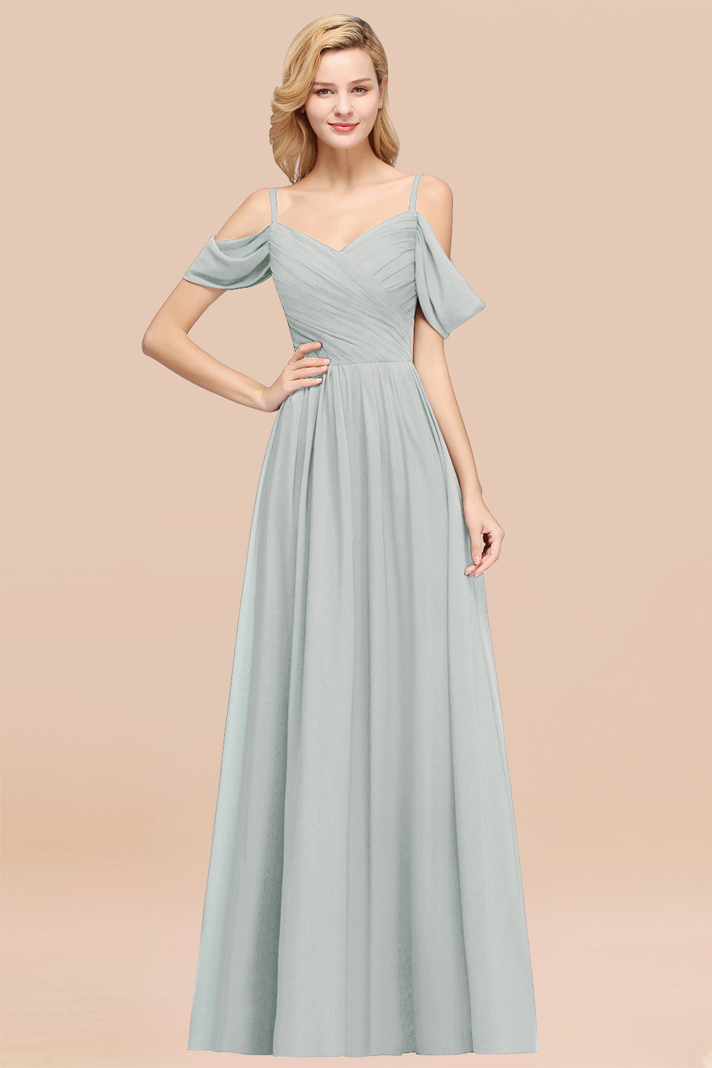A-Line Chiffon V-Neck Spaghetti Straps Short Sleeves Floor Length Bridesmaid Dresses with Ruffles