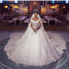Elegant Long Ball Gown Off the shoulder Lace Wedding Dresses