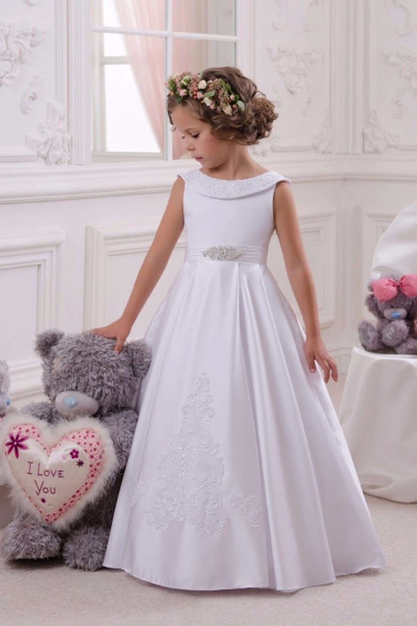 White Long Scoop Neck Sleeveless Ball Gown Flower Girl Dress