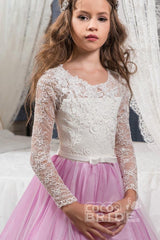 Tulle Lace Scoop Neck Long Sleeves Ball Gown Flower Girl Dress