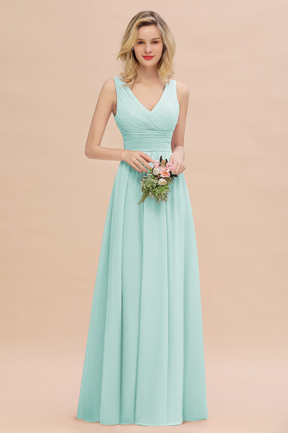 Elegant A-line V-Neck Ruffles Long Bridesmaid Dress