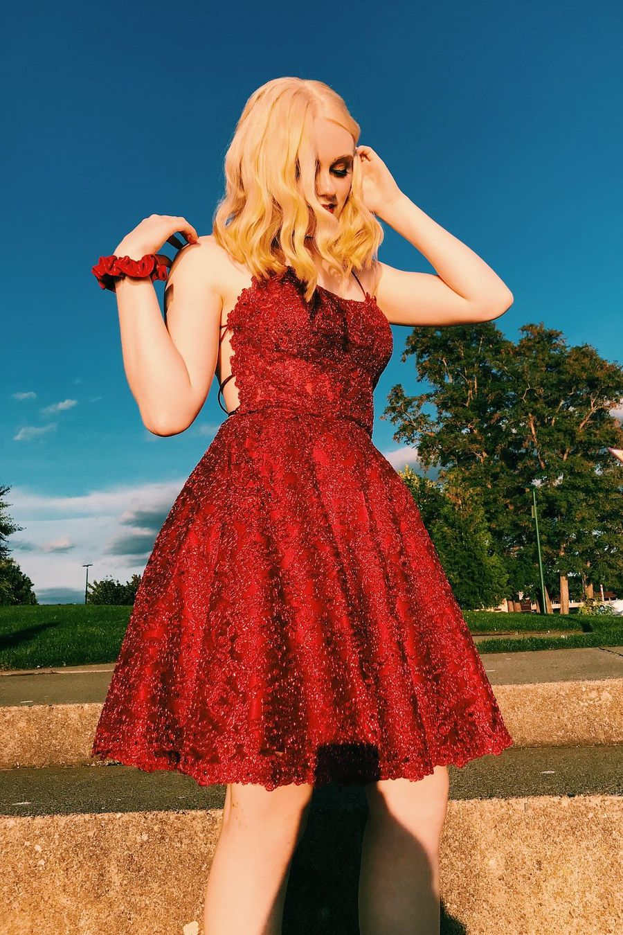 Burgundy A-line Strapless Lace-Up Back Short Homecoming Dress