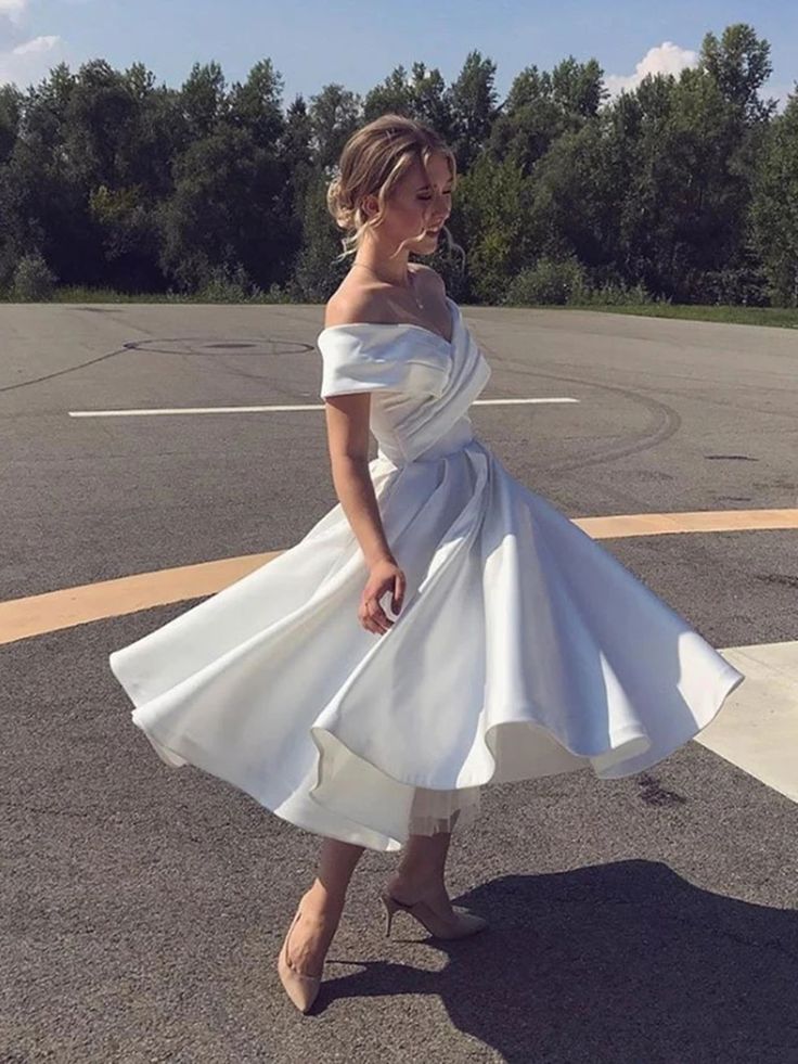Simple Short A-line Satin Off the Shoulder Wedding Dress