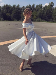 Simple Short A-line Satin Off the Shoulder Wedding Dress
