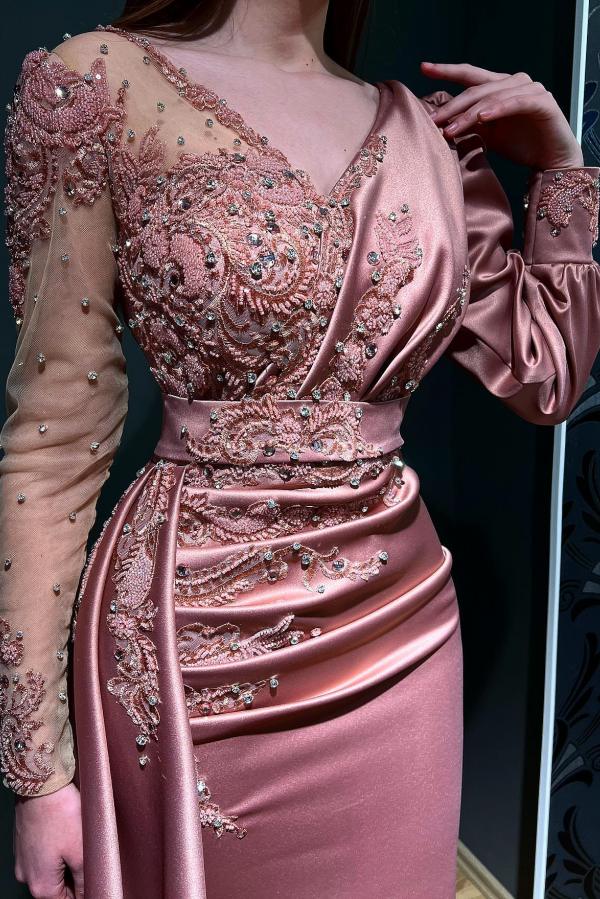 Long Mermaid V-neck Satin Tulle Lace Beads Formal Evening Dresses with Sleeves