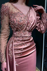 Long Mermaid V-neck Satin Tulle Lace Beads Formal Evening Dresses with Sleeves