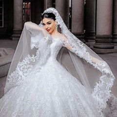 Long A-line Tulle Beads Appliques Wedding Dress with Sleeves
