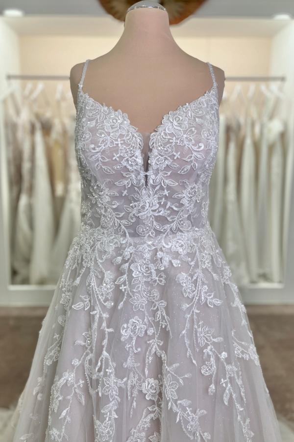 Long Spaghetti Straps A-Line Tulle Appliques Lace Open Back Wedding Dress