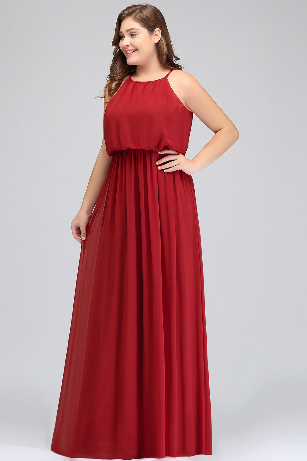 Plus Size A-line Chiffon Spaghetti Straps Halter Floor Length Prom Dress With Ruffles