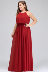 Plus Size A-line Chiffon Spaghetti Straps Halter Floor Length Prom Dress With Ruffles