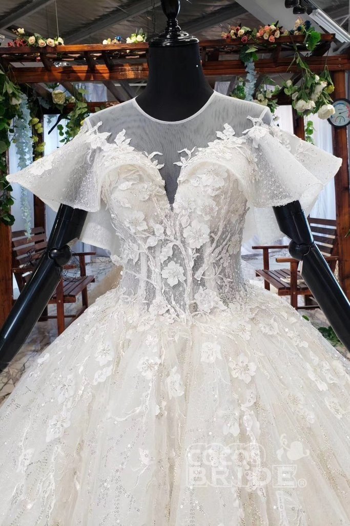 Gorgeous Ball Gown Long Tulle Lace Wedding Dress with Sleeves