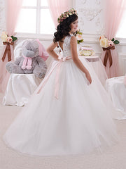 White Long Ball Gown Tulle Lace Jewel Neck First Communion Flower Girl Dresses