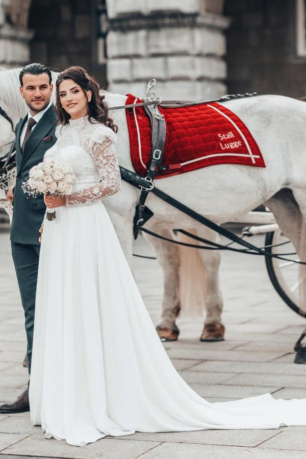 White Long A-line High Neck Chiffon Lace Wedding Dresses with Sleeves