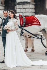 White Long A-line High Neck Chiffon Lace Wedding Dresses with Sleeves