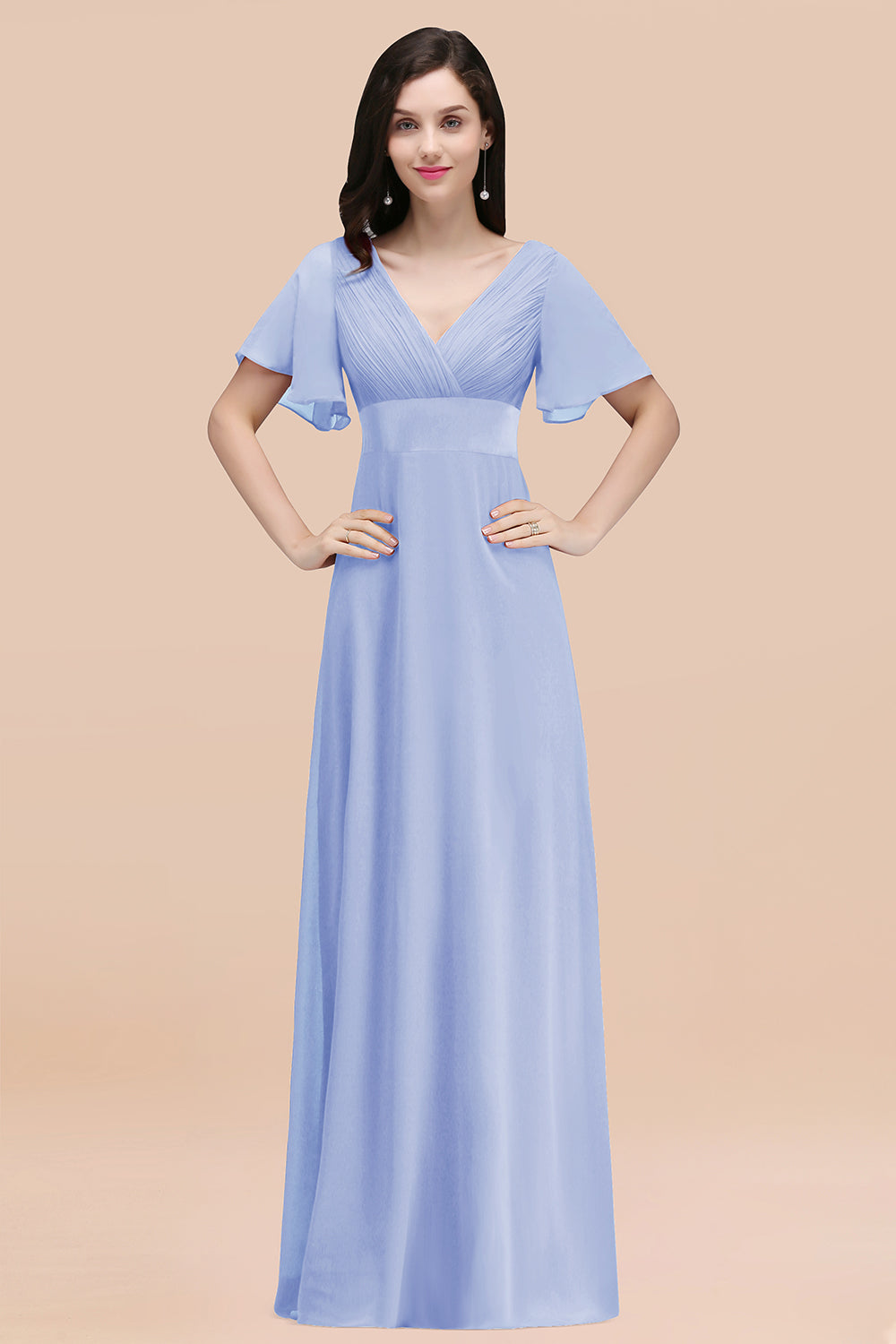 Simple A-Line Chiffon V-Neck Short Sleeves Ruffles Floor Length Bridesmaid Dresses