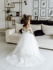 White Long Sleeves Ball Gown Tulle Lace Flower Girl Dress with Bow