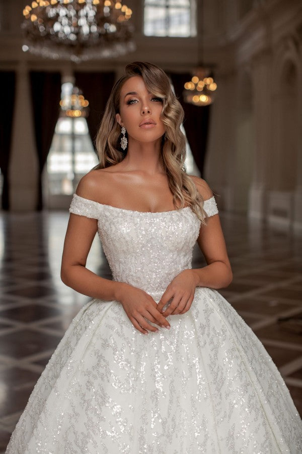 Modest Long Ball Gown Off the Shoulder Sequined Wedding Dresses