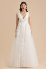 Long V-neck Lace Tulle A-line Wedding Dress