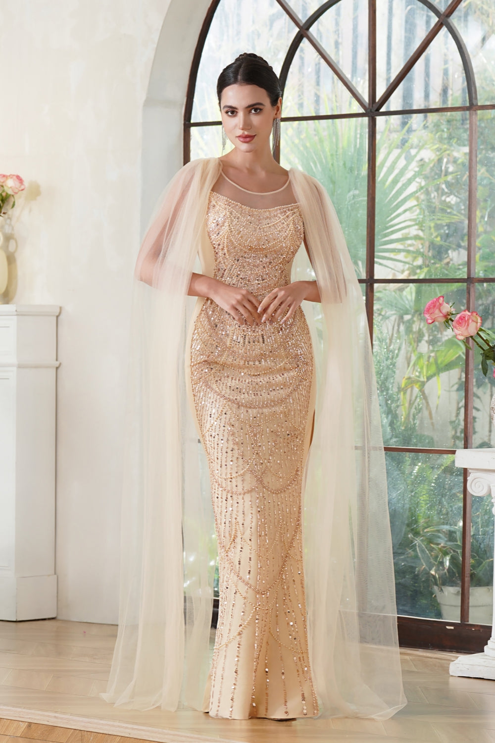 Champagne Long Mermaid Scoop Neck Tulle Formal Prom Dress with Cape