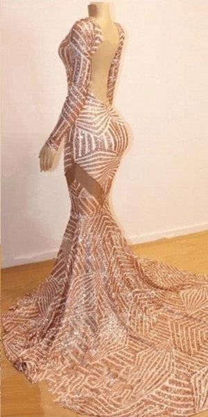 Mermaid Long Sleeves V-neck Sequined Sweep Train Prom Dresses