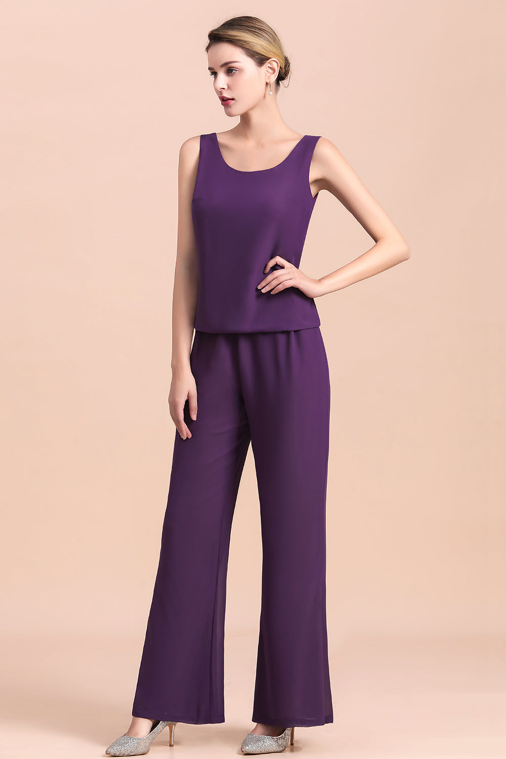 Straps Beading Grape Chiffon Long Sleeves Mother of Bride Jumpsuit With Wrap