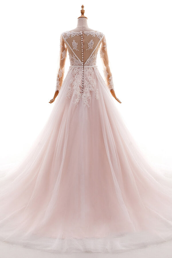 Long Appliques Lace Tulle A-line Wedding Dress with Sleeves