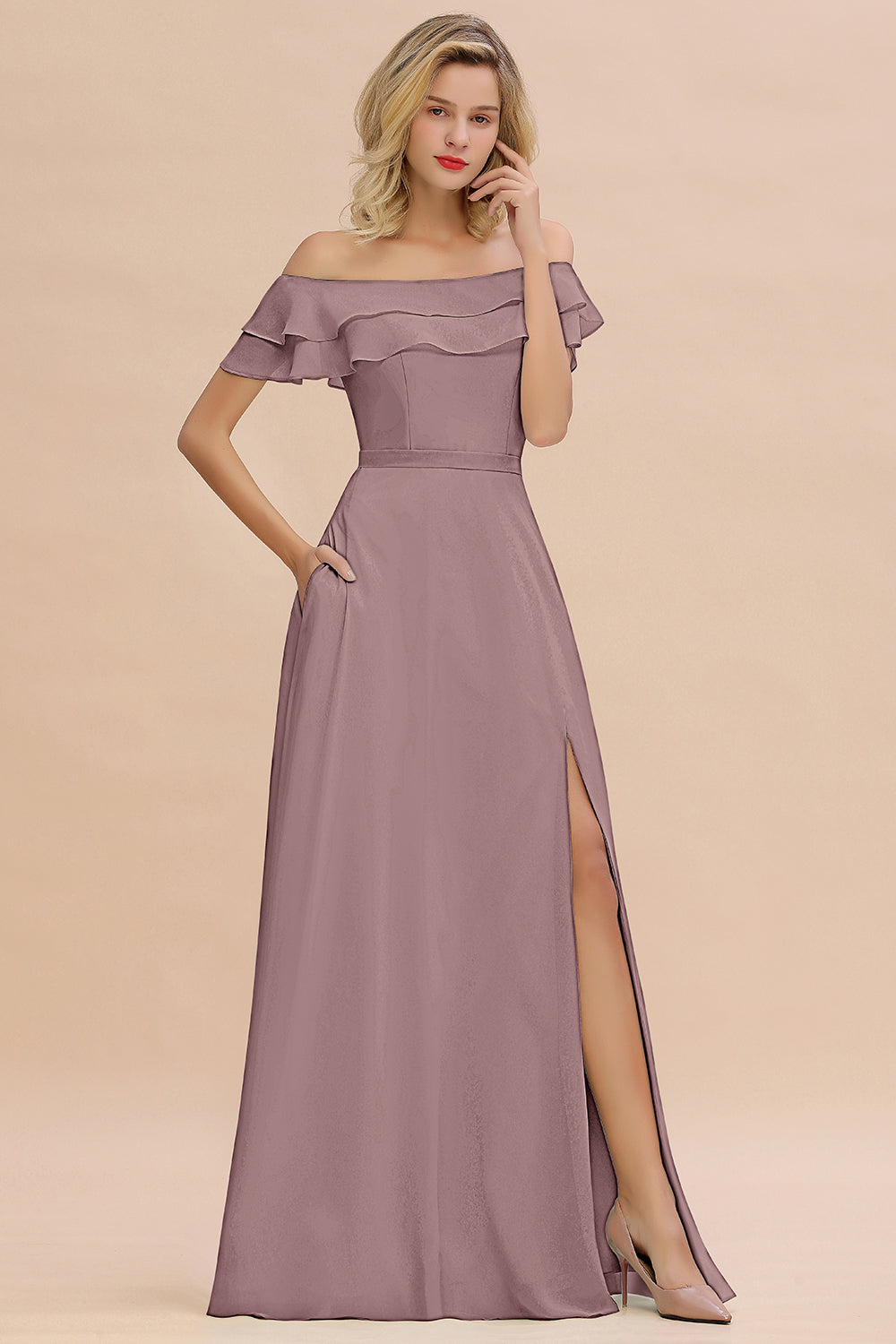 Off the Shoulder Front Slit Mint Green Long Bridesmaid Dress