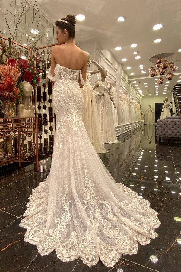 Gorgeous Long Mermaid Off the Shoulder Tulle Lace Wedding Dress