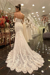 Gorgeous Long Mermaid Off the Shoulder Tulle Lace Wedding Dress
