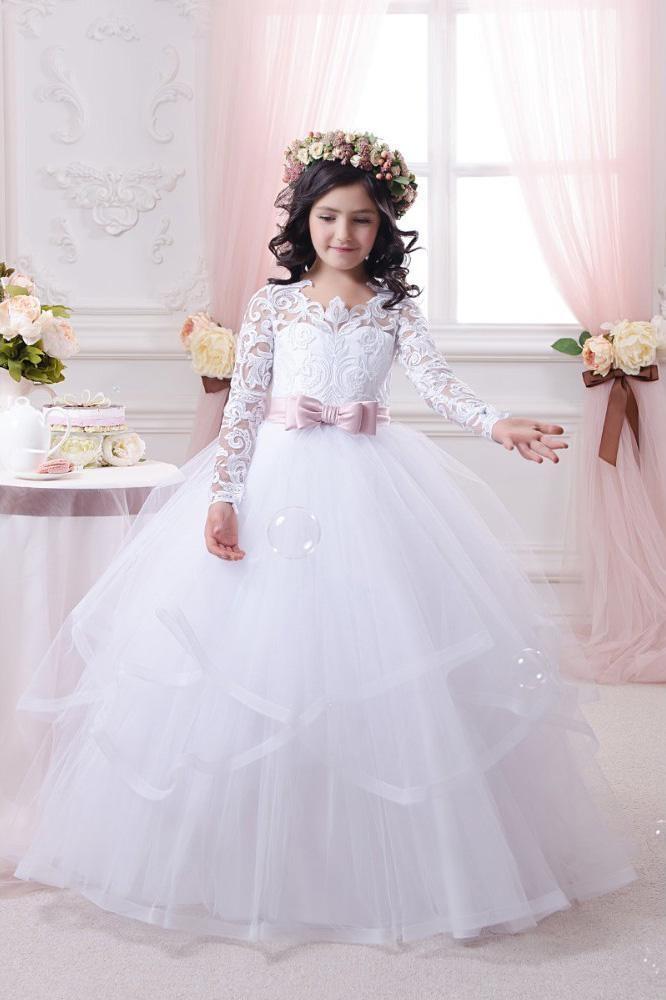 White Scoop Neck Long Sleeves Ball Gown Flower Girl Dress