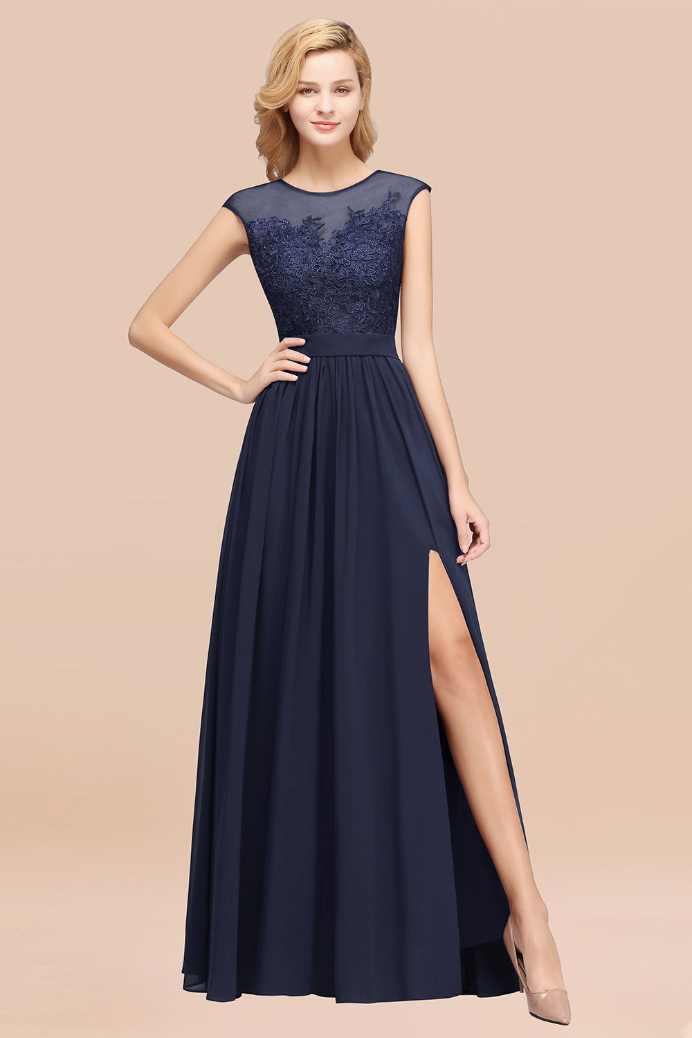 A-line Chiffon Lace Jewel Sleeveless Floor Length Bridesmaid Dresses with Appliques