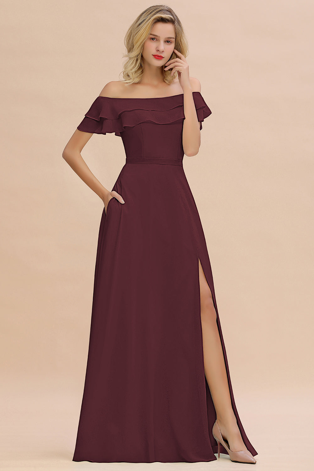 Off the Shoulder Front Slit Mint Green Long Bridesmaid Dress