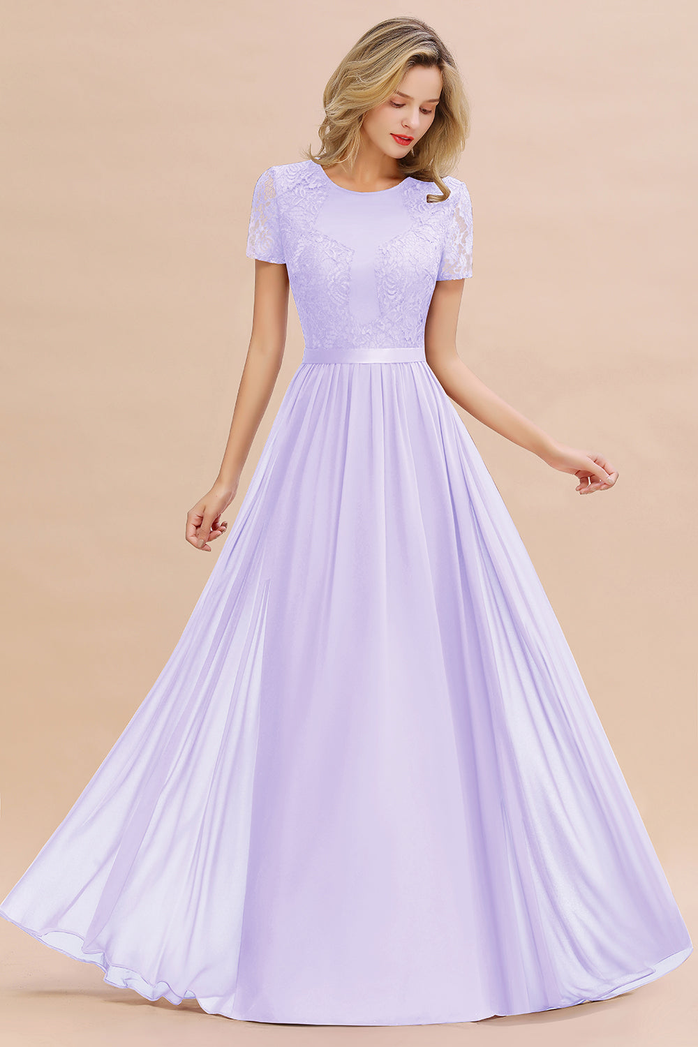 Chiffon Lace Scoop Short Sleeve Bridesmaid Dress