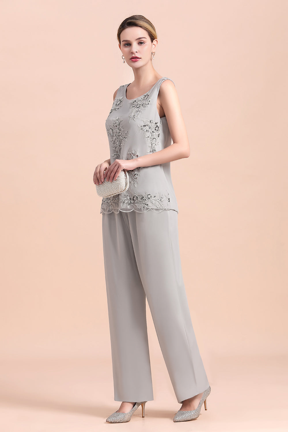 Glamorous Appliques Sleeveless Silver Chiffon Mother of Bride Jumpsuit With Wrap