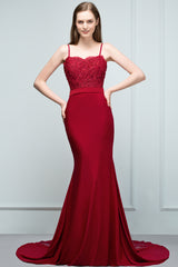 Mermaid Charmeuse Lace Spaghetti Straps Sweetheart Bridesmaid Dresses with Beads