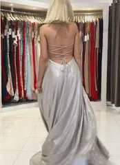 Long A-line V-Neck Spaghetti Straps Glitter Backless Prom Dresses