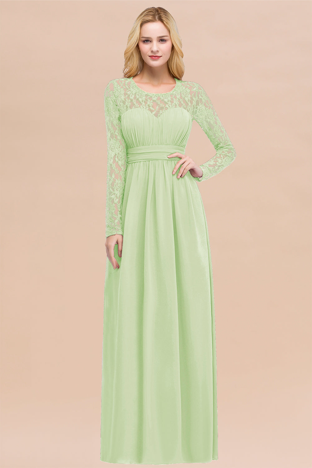 Elegant A-Line Chiffon Jewel Long Sleeves Ruffles Floor Length Bridesmaid Dresses