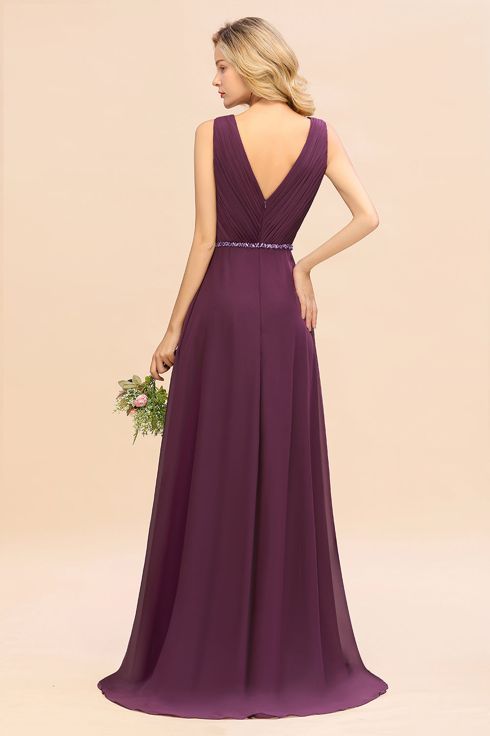 Stylish Deep V-neck Backless High Low A-Line Bridesmaid Dress With Beading Sash