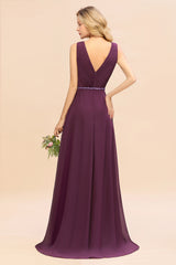 Stylish Deep V-neck Backless High Low A-Line Bridesmaid Dress With Beading Sash