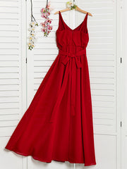 Red Long A-line Spaghetti Strap V-neck Chiffon Junior Bridesmaid Dress