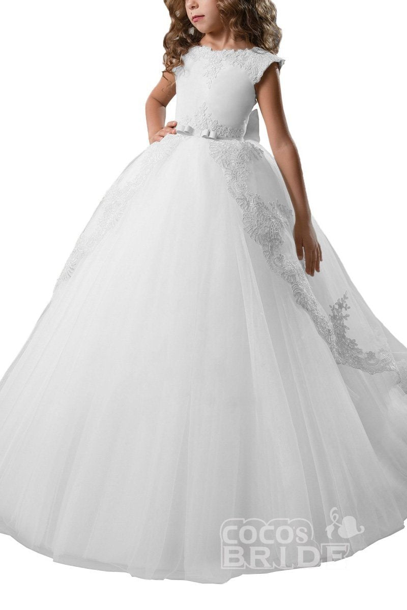 Long Tulle Scoop Neck Lace Ball Gown Flower Girl Dress