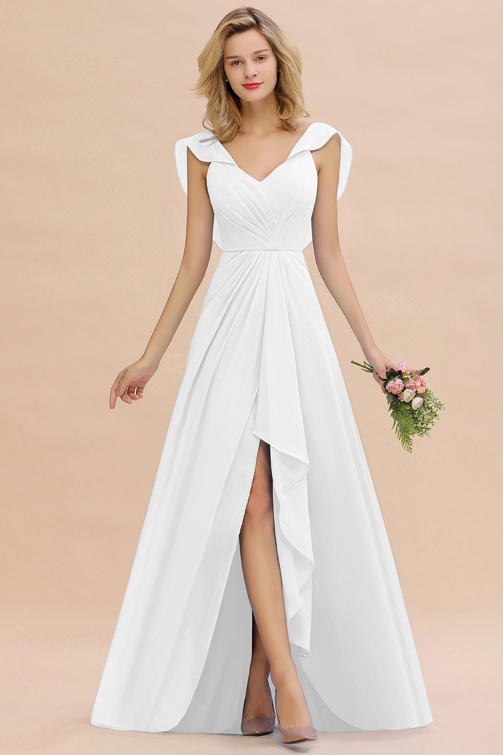 Simple High Low A-line V-Neck Ruffles Chiffon Bridesmaid Dress