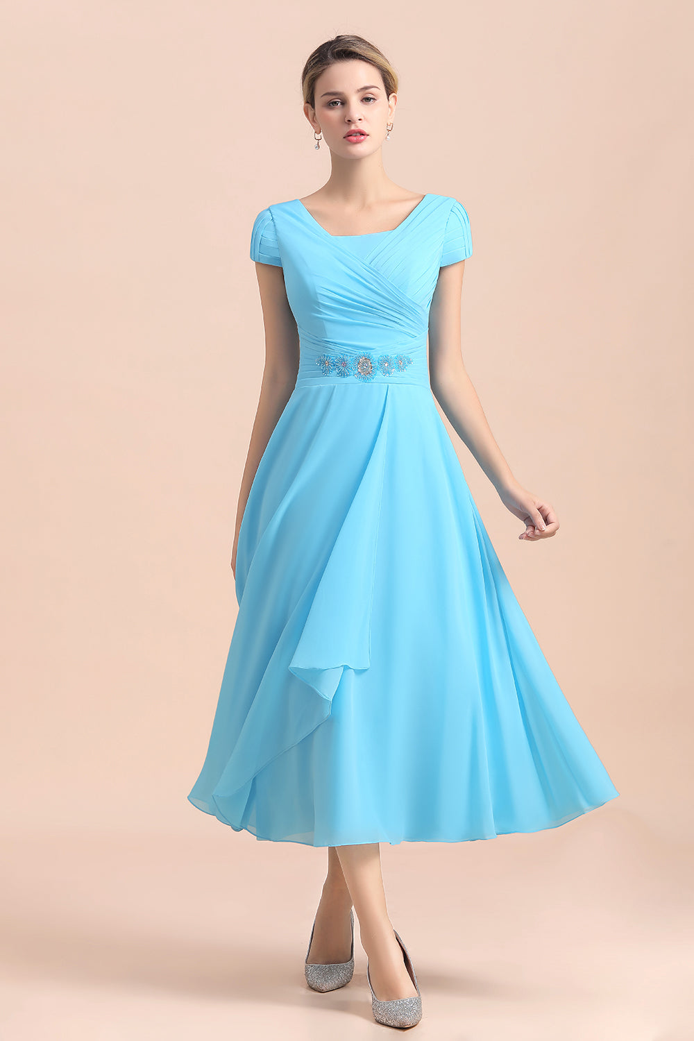 Blue Short Sleeves Chiffon Ruffles Tea-length Mother of the Bride Dress