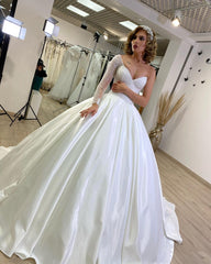 Modest Sweetheart Long Sleeve Floor Length Satin Ruffles Ball Gown Wedding Dress
