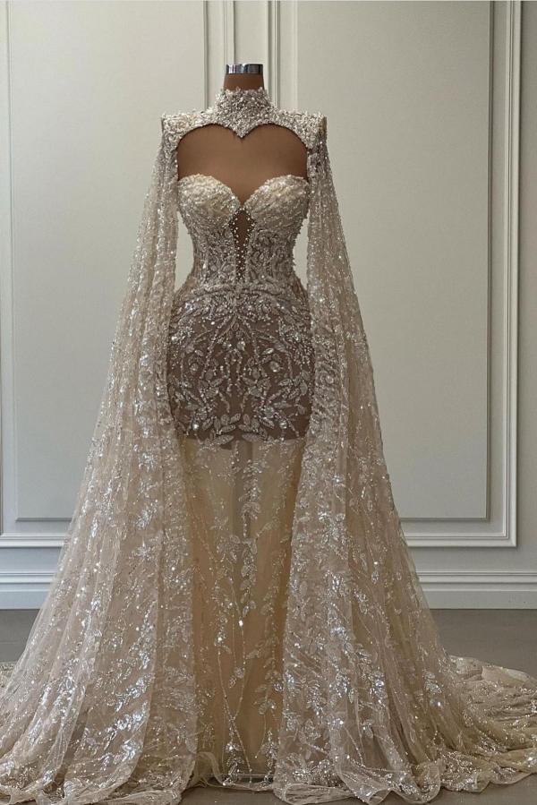 Long Mermaid Sweetheart Tulle Lace Wedding Dresses with Tulle Cape