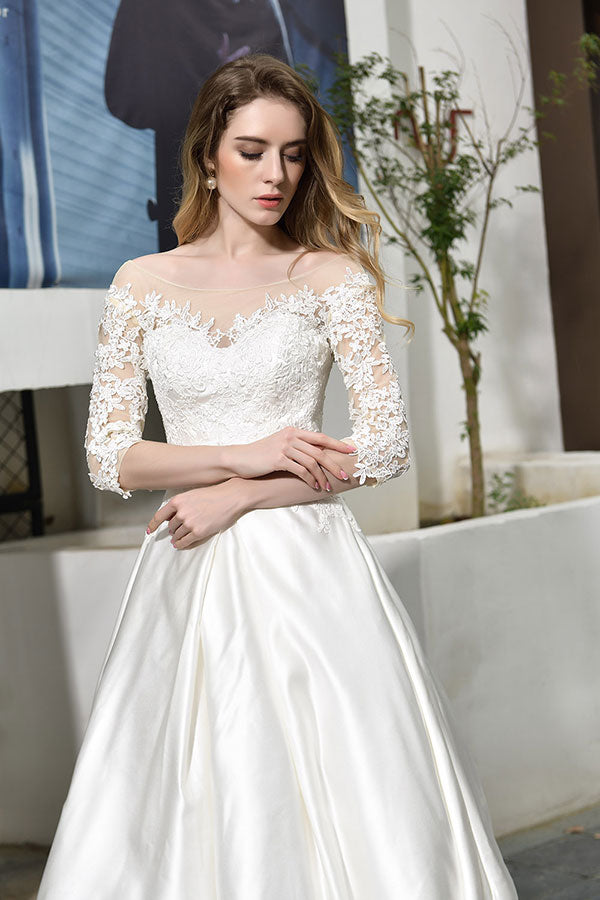 Elegant Long Lace-up A-Line Applique Satin Wedding Dress