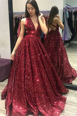 Burgundy Long A-line V-neck Halter Sequined Open Back Prom Dress