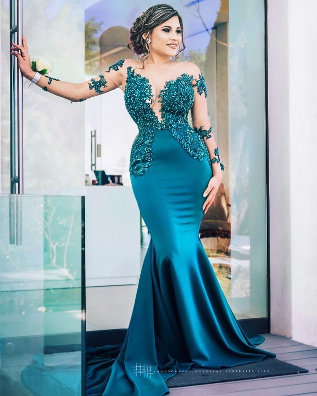 Long Tulle Lace Jewel Satin Mermaid Formal Dress with Sleeves