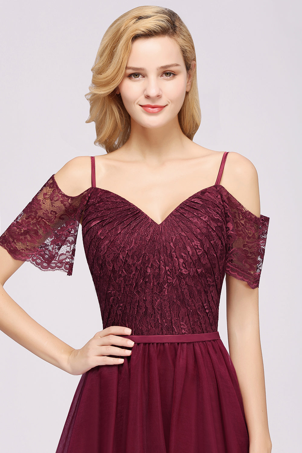 A-Line Chiffon Lace Sweetheart Spaghetti Straps Short Sleeves Floor Length Bridesmaid Dresses with Ruffles